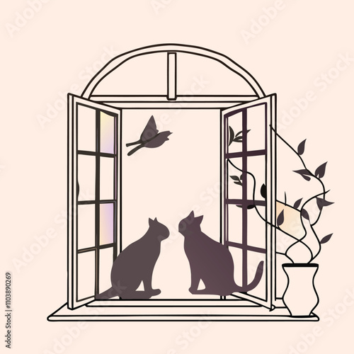 a black silhouette of a window with an arch above it. The window is open and there are two cats sitting on either side of the window