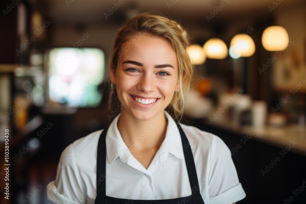 Smiling portrait of a young female waitress in cafe Smiling portrait of a young female waitress in cafe