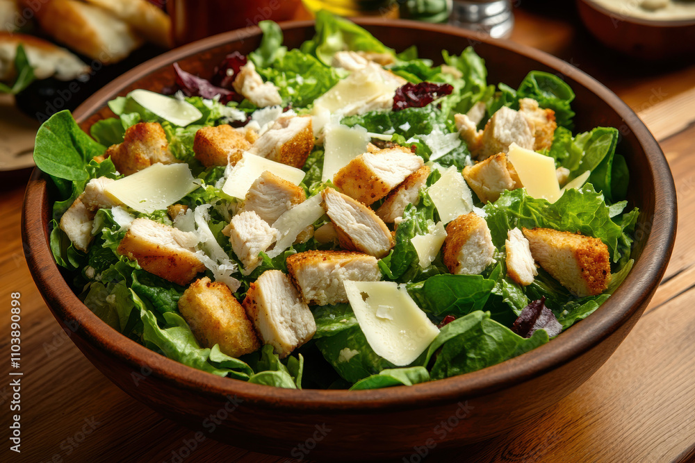 A fresh salad with greens, chicken, and cheese in a wooden bowl, ideal for a healthy meal. A fresh salad with greens, chicken, and cheese in a wooden bowl, ideal for a healthy meal.
