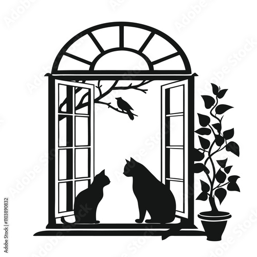 a black silhouette of a window with an arch above it. The window is open and there are two cats sitting on either side of the window