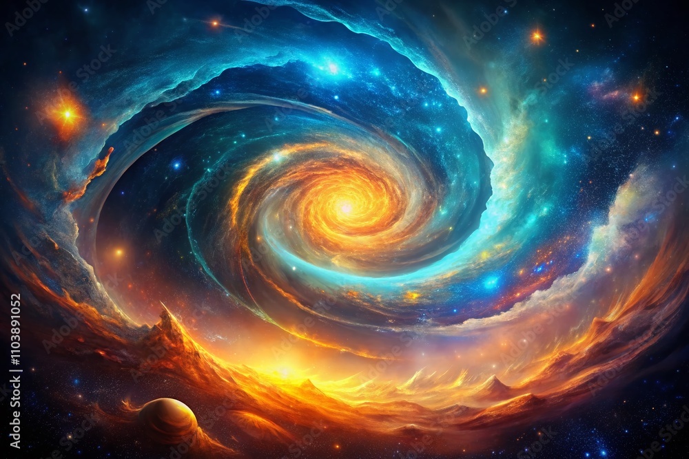 Obraz premium The Dynamic Dance of a Vibrant Digital Galaxy Spiral with Ethereal Radiance in a Colorful Cyber Galaxy Featuring Swirling Azure and Orange Optic Space Nebula Energy