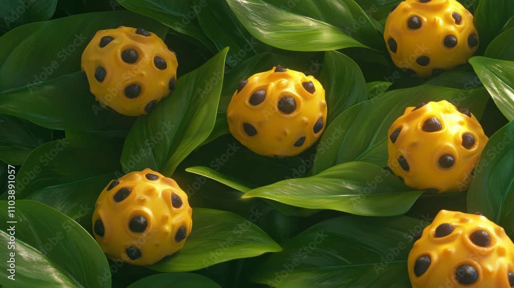 Bright Yellow Spheres with Dark Spots Surrounded by Lush Green Leaves in a Professional Photographic Composition Bright Yellow Spheres with Dark Spots Surrounded by Lush Green Leaves in a Professional Photographic Composition