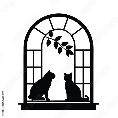 a black silhouette of a window with an arch above it. The window is open and there are two cats sitting on either side of the window
