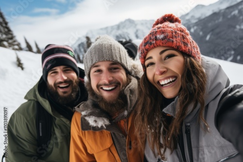 Diverse group portrait of smiling snowboarders on snowy mountain