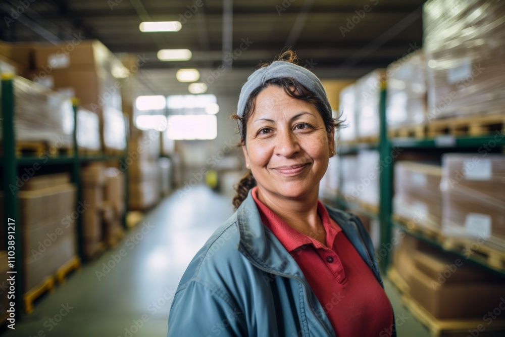 Portrait of a joyful middle aged female warehouse worker Portrait of a joyful middle aged female warehouse worker