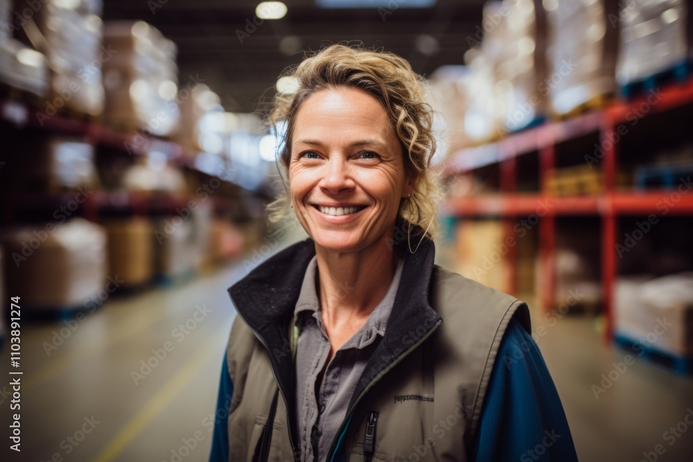 Portrait of a joyful middle aged female warehouse worker Portrait of a joyful middle aged female warehouse worker