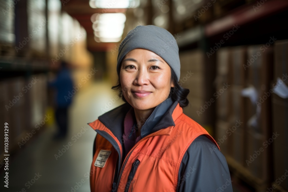 Fototapeta premium Portrait of a joyful middle aged female warehouse worker