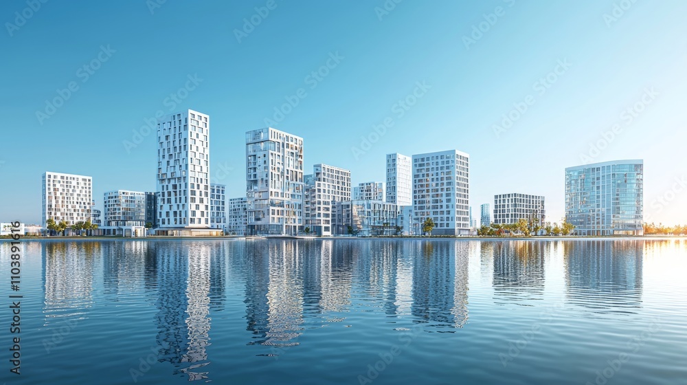 Fototapeta premium 3D rendering of modern city buildings on the water, with a clear blue sky background