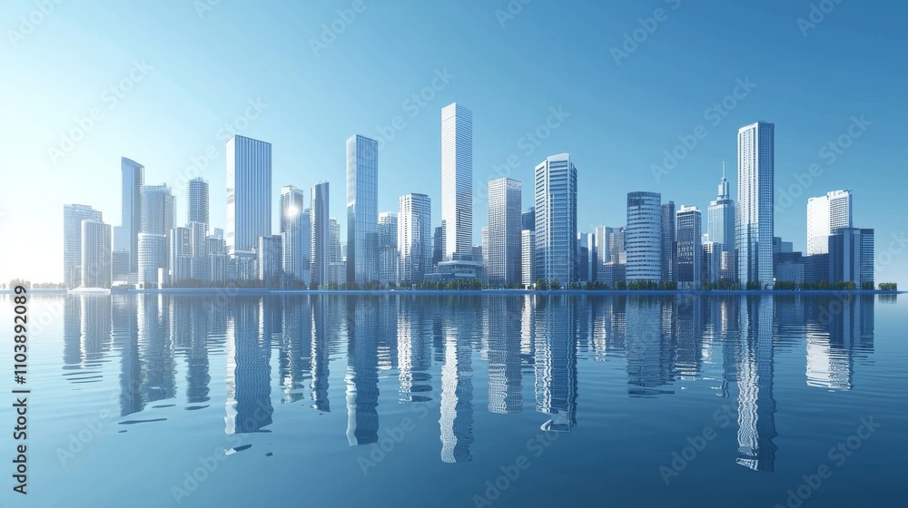Naklejka premium 3D rendering of modern city buildings on the water, with a clear blue sky background