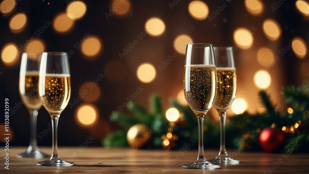 two glasses of champagne and christmas decorations two glasses of champagne and christmas decorations
