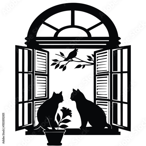 a black silhouette of a window with an arch above it. The window is open and there are two cats sitting on either side of the window