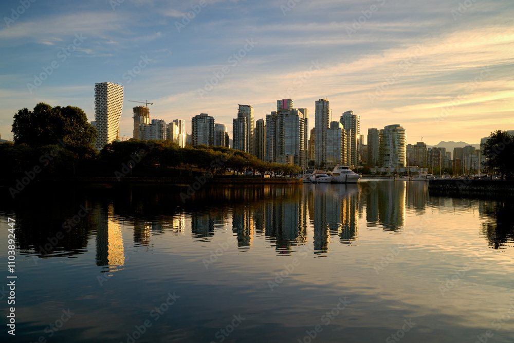 Naklejka premium Yaletown Tower Reflections Vancouver. Early morning light reflects off Yaletown condominiums. Vancouver. British Columbia, Canada.