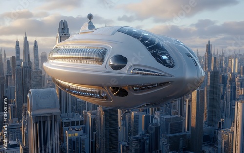 Futuristic Flying Vehicle Above a Modern Cityscape photo