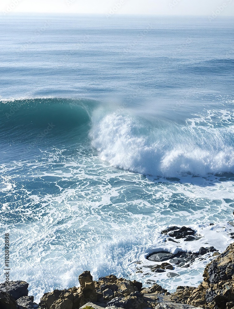 Fototapeta premium Ocean wave crashing against the shore at high tide, ocean wave, coastal erosion, ocean power, sea