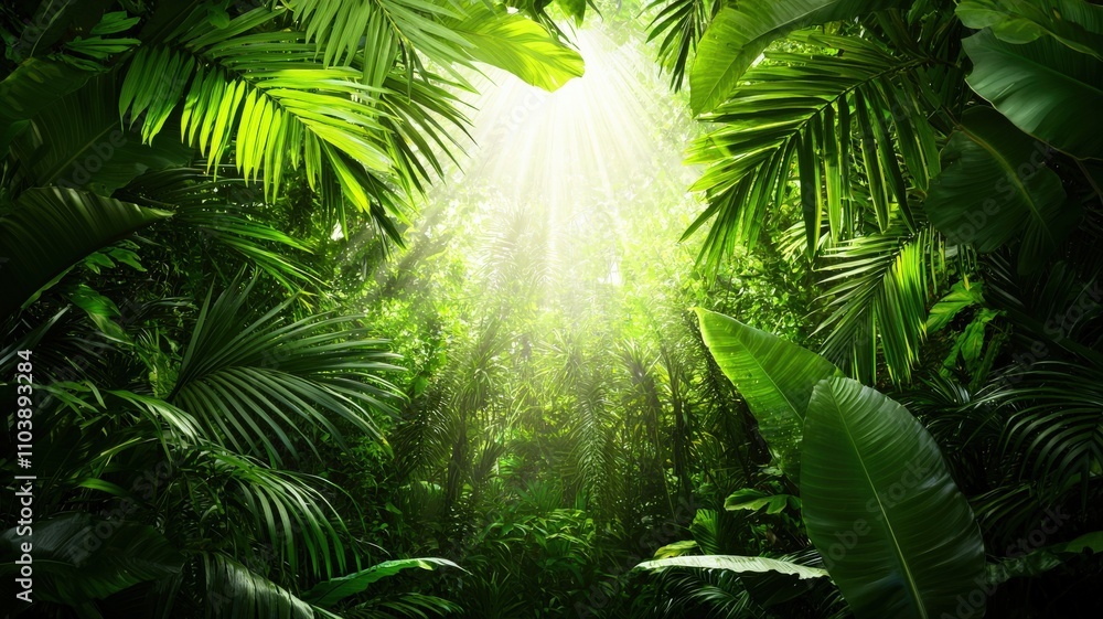 Obraz premium environmental consideration conservation nature concept. Lush green jungle with sunlight filtering through dense foliage.