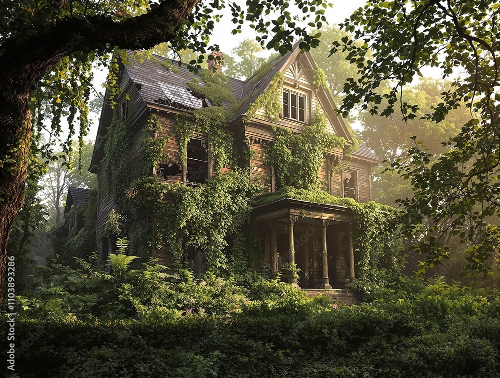 Old abandoned house with overgrown garden and broken windows, decayed, vines, abandoned, weeds Old abandoned house with overgrown garden and broken windows, decayed, vines, abandoned, weeds