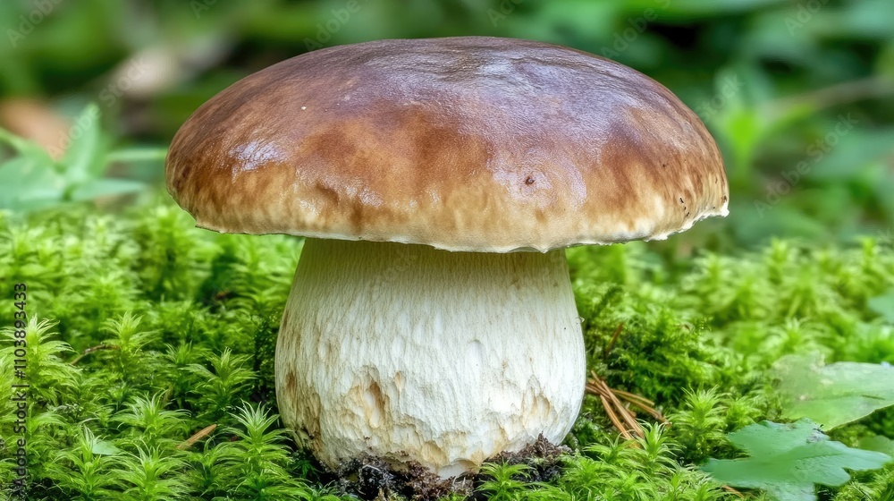 Fresh Brown Mushroom Growing in Green Moss Fresh Brown Mushroom Growing in Green Moss