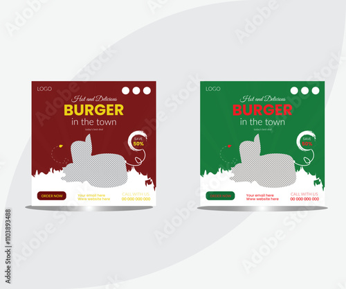 Food social media banner design template. Burger social media post vector illustration. Square size. Food social media post template set. Social media food template, Restaurant social media  photo