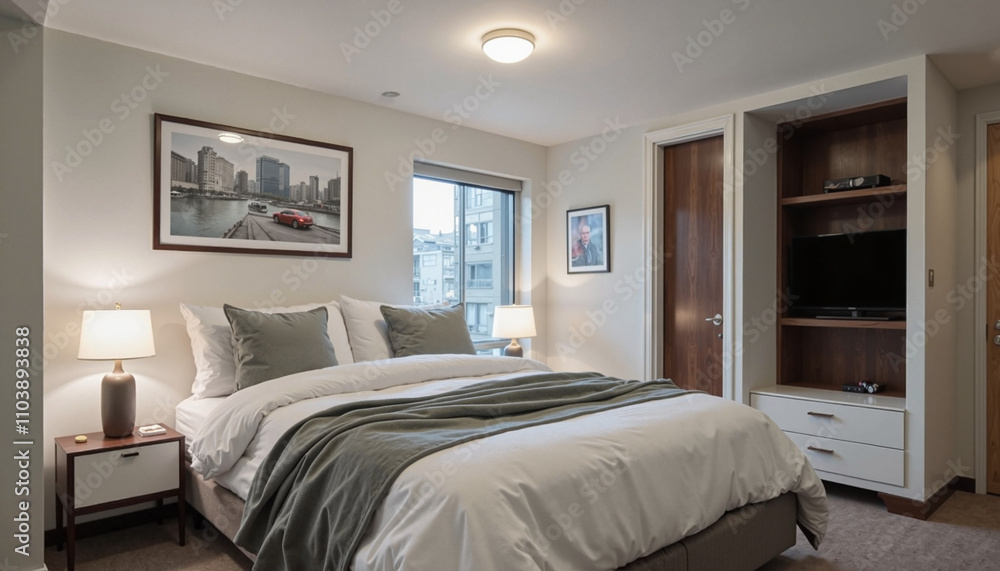 Fototapeta premium Modern bedroom interior with cozy bedding and stylish decor in soft colors