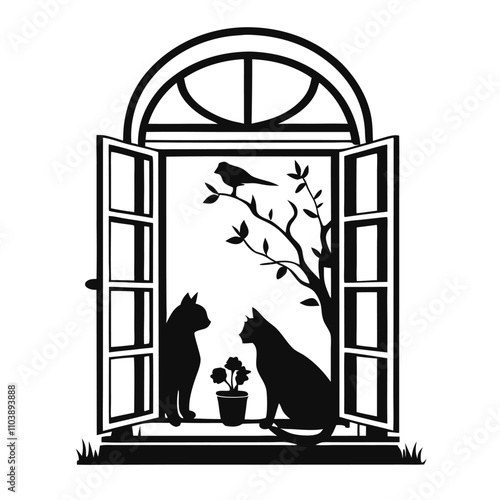 a black silhouette of a window with an arch above it. The window is open and there are two cats sitting on either side of the window