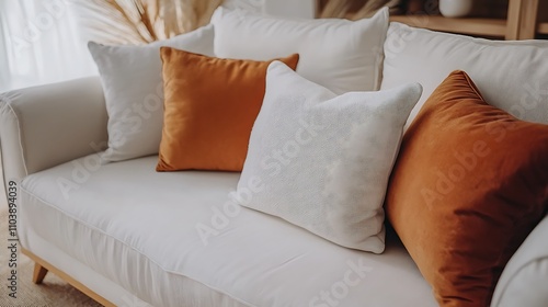 Cream sofa with burnt orange and off-white pillows. Cozy and stylish home decor.