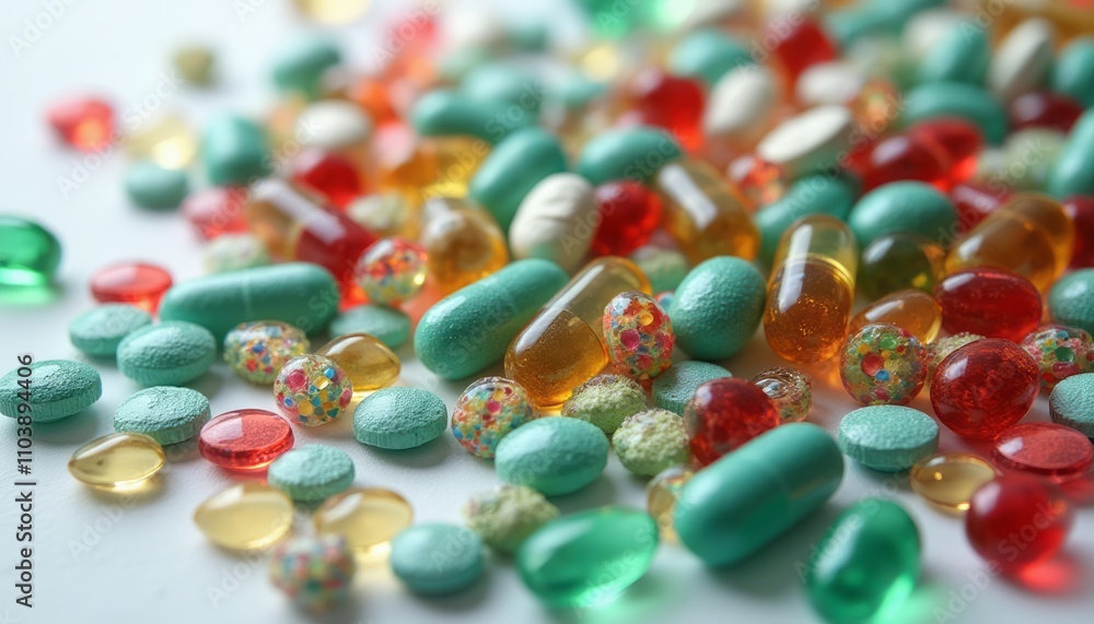 A dazzling array of pills and capsules sprawls across a white surface, showcasing a kaleidoscope of colors and shapes. The scene bursts with energy, featuring turquoise, red, yellow, and green tablets A dazzling array of pills and capsules sprawls across a white surface, showcasing a kaleidoscope of colors and shapes. The scene bursts with energy, featuring turquoise, red, yellow, and green tablets