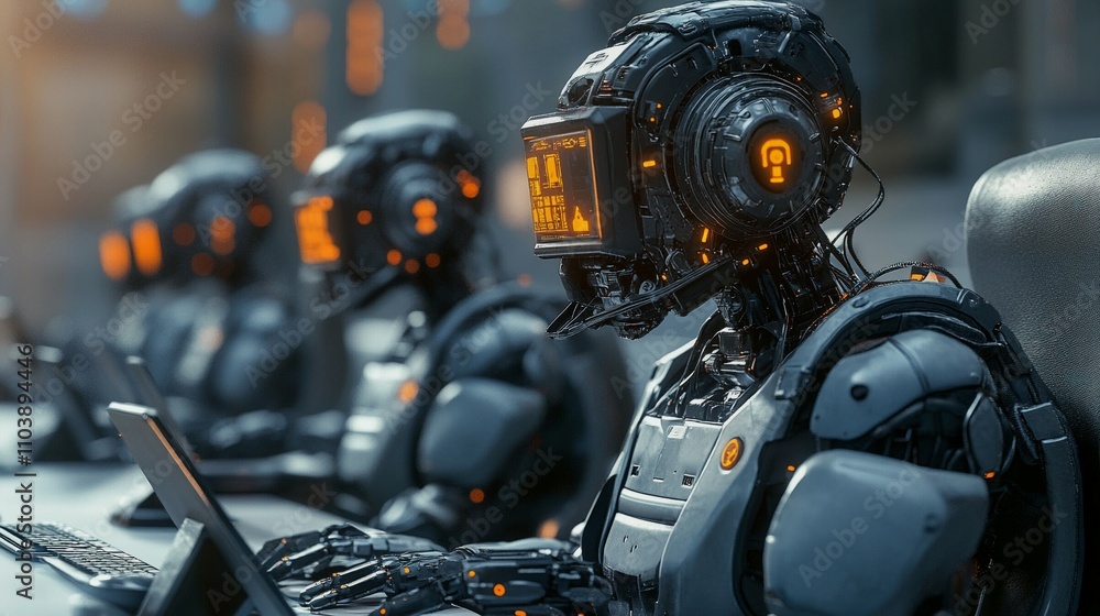 Fototapeta premium Dystopic scene with humanoid robots operators working in call center
