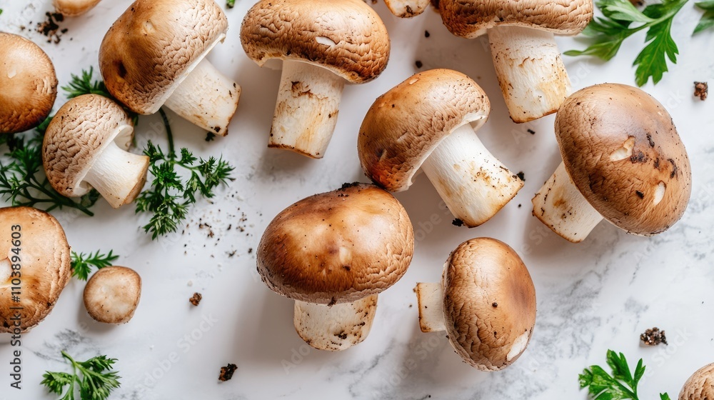 Fresh Mushrooms on a Marble Surface Fresh Mushrooms on a Marble Surface