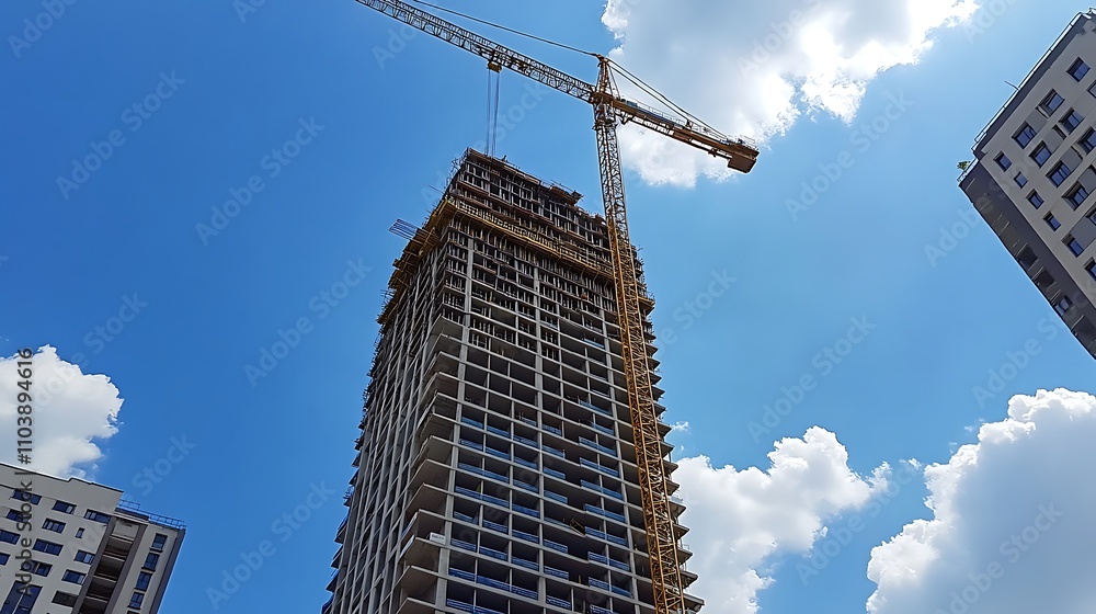 A towering skyscraper under construction against a vibrant blue sky. A large crane works diligently, adding to the building's height. A towering skyscraper under construction against a vibrant blue sky. A large crane works diligently, adding to the building's height.