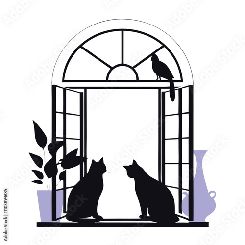 a black silhouette of a window with an arch above it. The window is open and there are two cats sitting on either side of the window