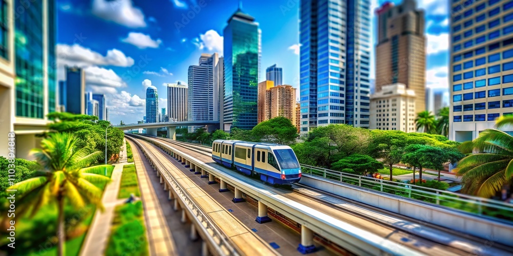 Obraz premium Tilt-Shift Photography of Metromover in Motion Through Vibrant Downtown Miami, Capturing Urban Life and Cityscape in Stunning 4K Quality at 60 Frames Per Second