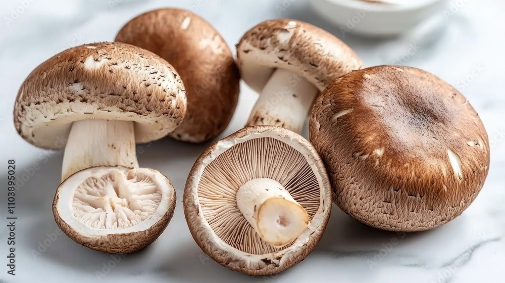 Fresh Brown Mushrooms on Grey Marble Surface Fresh Brown Mushrooms on Grey Marble Surface