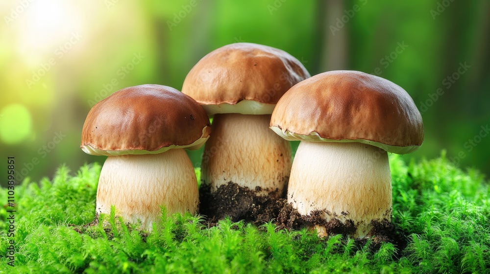 Fresh Mushrooms Growing in Lush Green Forest Fresh Mushrooms Growing in Lush Green Forest