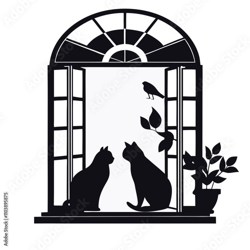 a black silhouette of a window with an arch above it. The window is open and there are two cats sitting on either side of the window