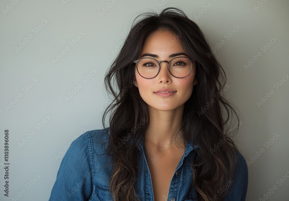 A woman with long hair and glasses poses for a portrait against a neutral background. A woman with long hair and glasses poses for a portrait against a neutral background.