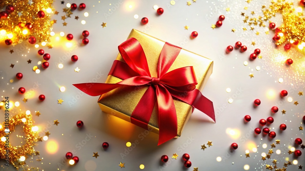 Top View of a Gold Gift Box with Red Satin Ribbon on a White Background Surrounded by Sparkles and Confetti, Ideal for Holiday, Christmas, Birthday, Valentine's Day, and Wedding Celebration Banners Top View of a Gold Gift Box with Red Satin Ribbon on a White Background Surrounded by Sparkles and Confetti, Ideal for Holiday, Christmas, Birthday, Valentine's Day, and Wedding Celebration Banners