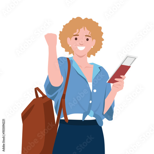 Traveler woman wear casual clothes hold suitcase passport ticket do winner gesture. Flat vector illustration isolated on white background