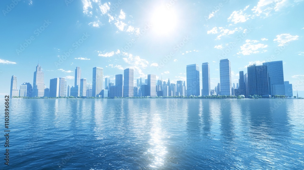Fototapeta premium a Waterfront Downtown City Skyline with tall and short buildings, with a blue sky above it, day time, with sun glaring, full shot, high angle, ultra-realistic lighting, ultra high resolution, ultra de