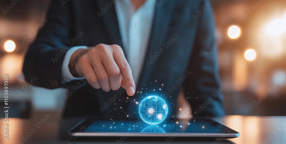 A businessperson interacts with a holographic globe on a tablet. A businessperson interacts with a holographic globe on a tablet.