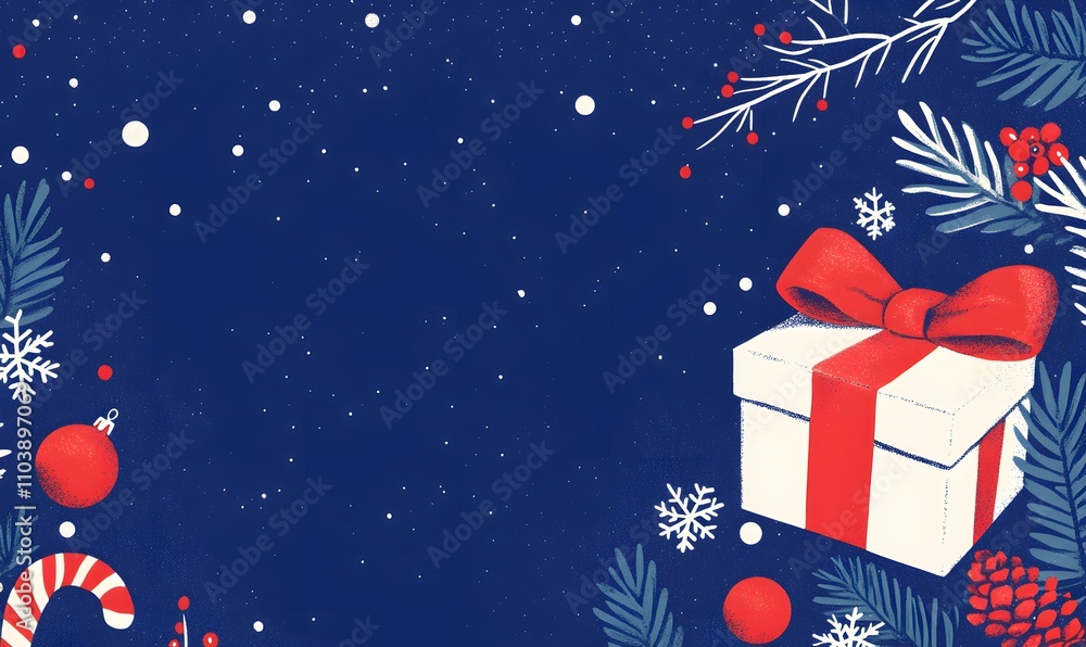 A beautifully wrapped Christmas present with a red ribbon surrounded by snowflakes, candy cane, and pinecones on a blue background. A beautifully wrapped Christmas present with a red ribbon surrounded by snowflakes, candy cane, and pinecones on a blue background.