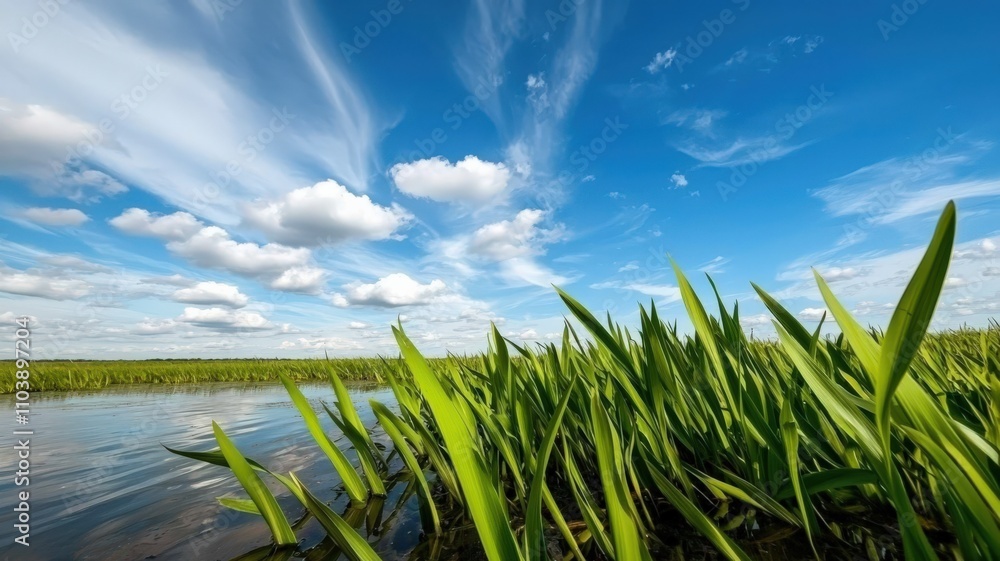 environmental consideration conservation nature concept. Lush green grass against a vibrant blue sky and tranquil water. environmental consideration conservation nature concept. Lush green grass against a vibrant blue sky and tranquil water.