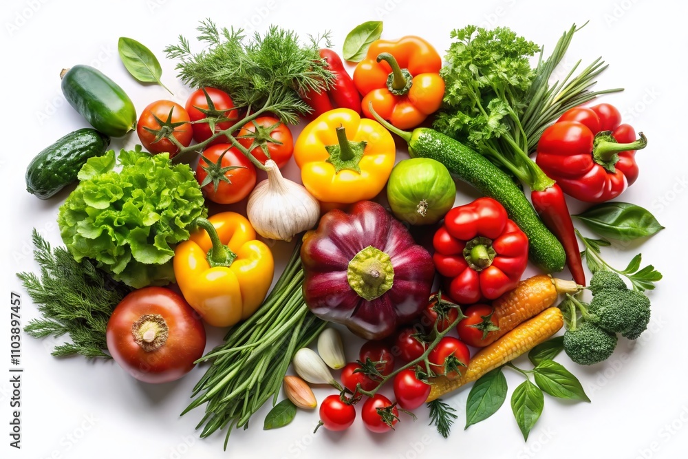 Top View of Vibrant Ripe Vegetables and Fresh Herbs Isolated on White Background for Culinary Inspiration and Healthy Eating Concepts Top View of Vibrant Ripe Vegetables and Fresh Herbs Isolated on White Background for Culinary Inspiration and Healthy Eating Concepts