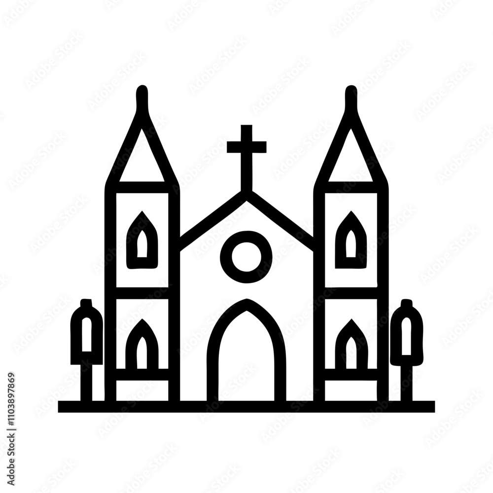 A minimalist vector icon of a church, featuring a traditional structure with a pointed roof, cross, and large arched windows. The design reflects simplicity and elegance, making it ideal for use in re A minimalist vector icon of a church, featuring a traditional structure with a pointed roof, cross, and large arched windows. The design reflects simplicity and elegance, making it ideal for use in re