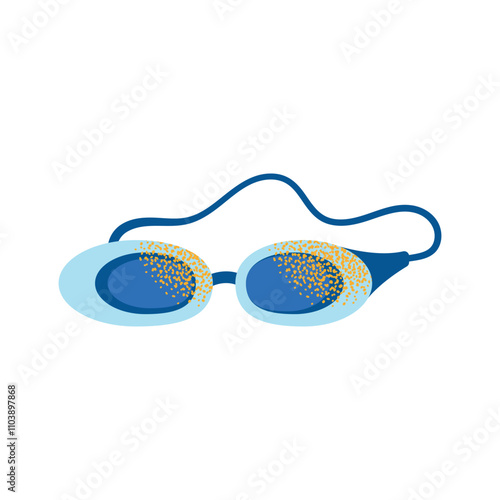 Collection of swimming equipment and accessories swimsuits, goggles, flippers, swim caps, water bottle, towel, and kickboard. Flat cartoon illustration with colorful design elements isolated