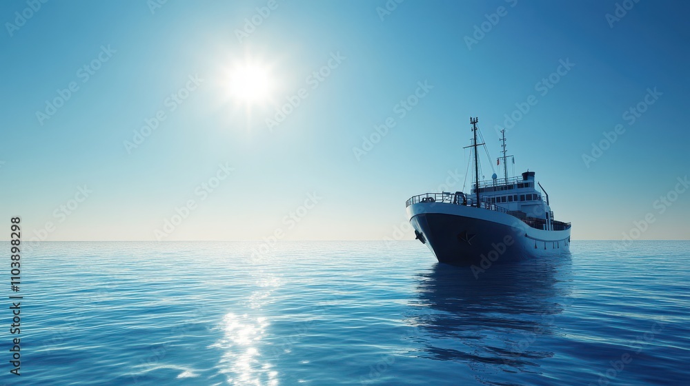 Tranquil Scene of a Ship Floating on Calm Waters Under a Bright Blue Sky with a Radiant Sun and Gentle Reflections in the Ocean's Surface Tranquil Scene of a Ship Floating on Calm Waters Under a Bright Blue Sky with a Radiant Sun and Gentle Reflections in the Ocean's Surface