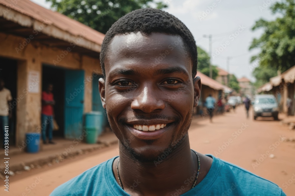 Close portrait of a smiling young Burkinabé man looking at the camera, Burkinabé city outdoors blurred background Close portrait of a smiling young Burkinabé man looking at the camera, Burkinabé city outdoors blurred background