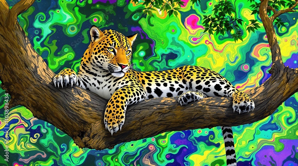 Leopard's body in a tree, with its legs stretched out and claws visible, set against a colorful background, spotted coat, nature Leopard's body in a tree, with its legs stretched out and claws visible, set against a colorful background, spotted coat, nature
