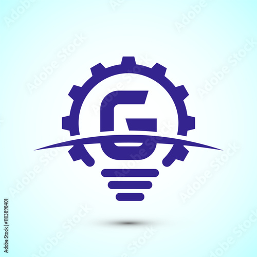 English alphabet G with electric bulb and gear sign. Creative idea logo concept