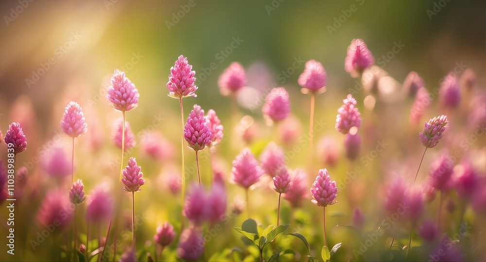 Obraz premium Soft focus pink blossoms glow in a field under warm sunlight