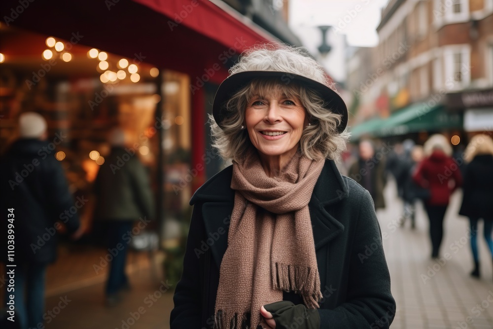 Portrait of a smiling middle-aged woman in a hat and scarf on a city street Portrait of a smiling middle-aged woman in a hat and scarf on a city street